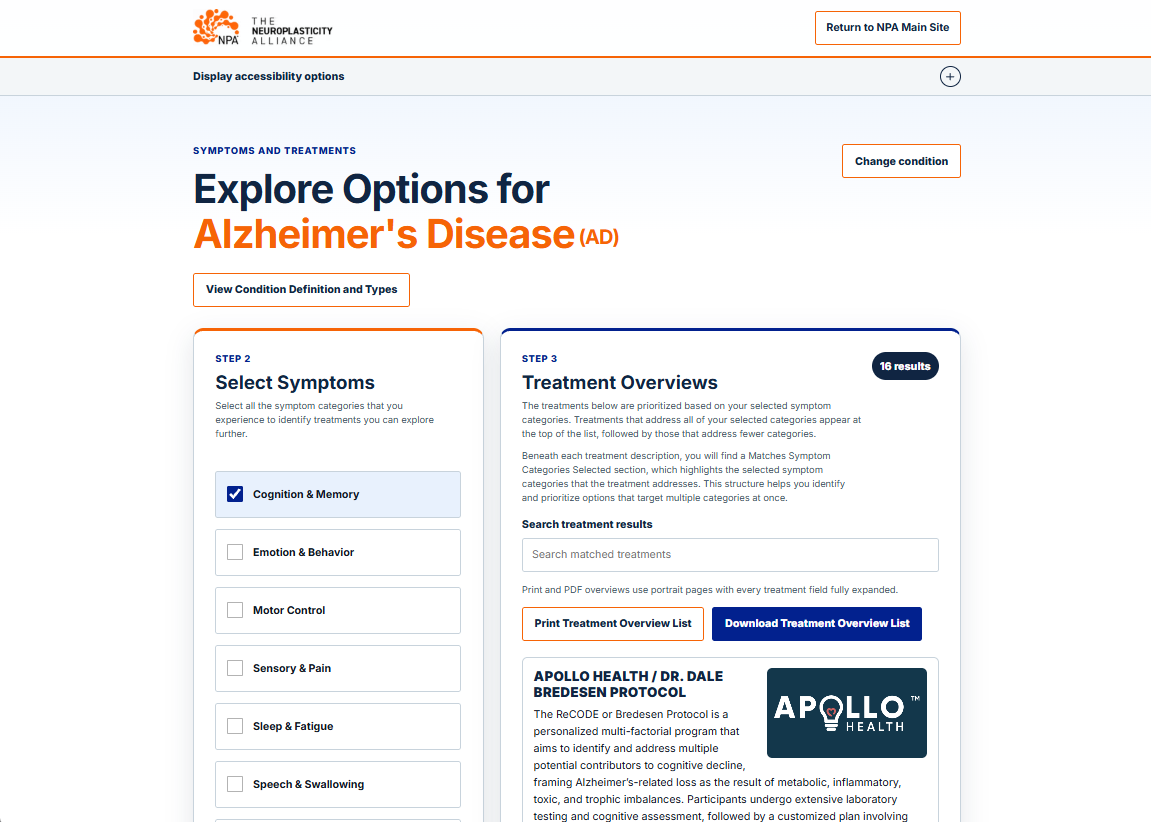 NPA treatment database interface showing symptom selection and searchable treatment results